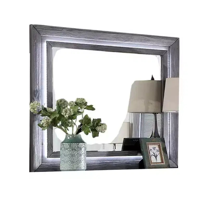 Specchio per comò Royal Hampton, luci a LED bianche, cornice in legno massello grigio da 46 pollici
