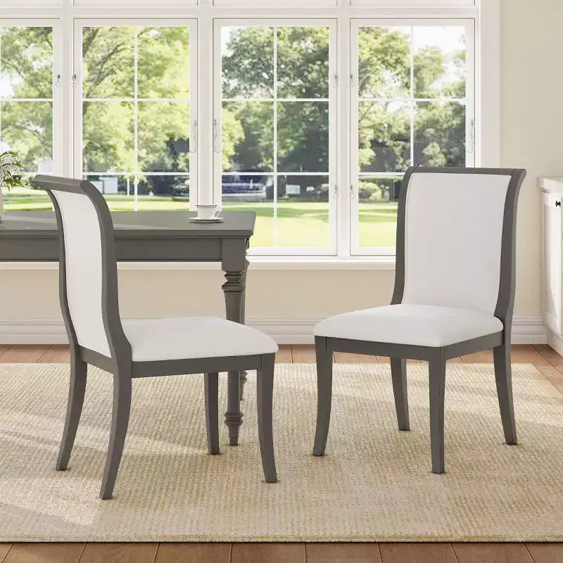 Set of 2 Farmhouse Upholstered Dining Chairs with Curved Backrest, Solid Wood Kitchen Chairs, Armless Side Chairs for Dining Room-Panipeachy