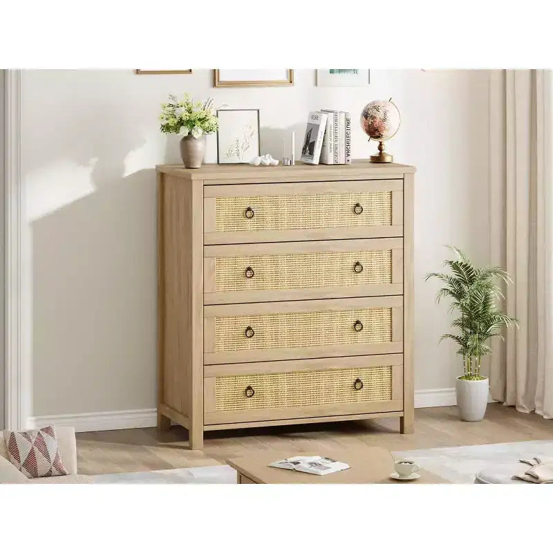 GustoWave 54 Cassettiera a 7 cassetti in Rattan, Comò in Legno con Mobiletto Contenitore per Camera da Letto, Soggiorno, Ingresso, Quercia