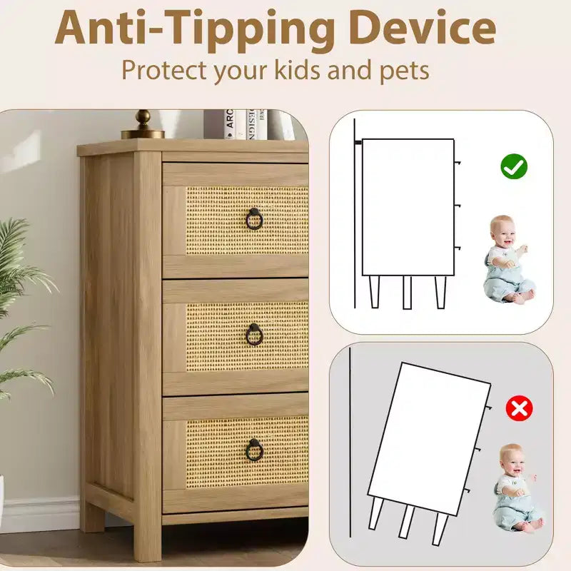GustoWave 54 Cassettiera a 7 cassetti in Rattan, Comò in Legno con Mobiletto Contenitore per Camera da Letto, Soggiorno, Ingresso, Quercia