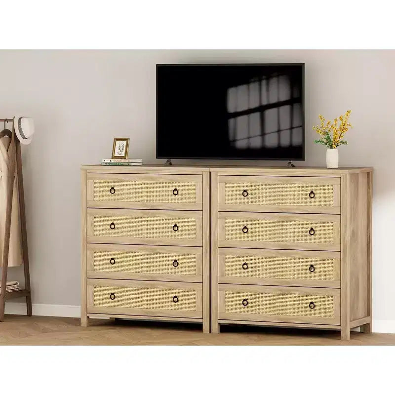 GustoWave 54 Cassettiera a 7 cassetti in Rattan, Comò in Legno con Mobiletto Contenitore per Camera da Letto, Soggiorno, Ingresso, Quercia