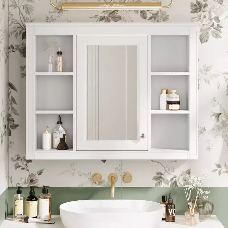 MAYEERTY 27.5 Mobiletto dei medicinali, Armadietto pensile da bagno con specchio e 6 ripiani aperti, Bianco moderno