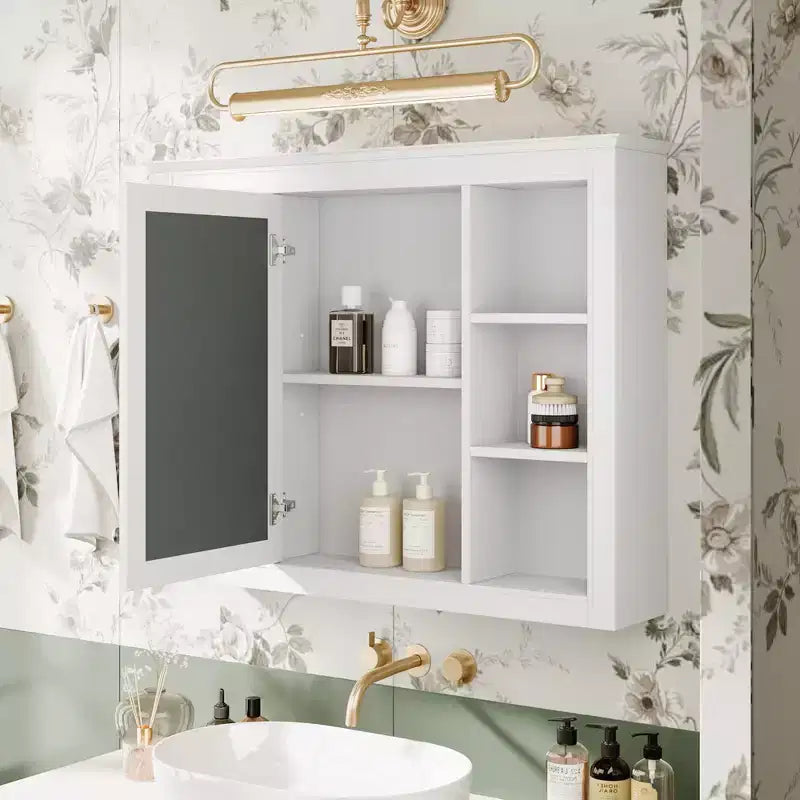 MAYEERTY 27.5 Mobiletto dei medicinali, Armadietto pensile da bagno con specchio e 6 ripiani aperti, Bianco moderno