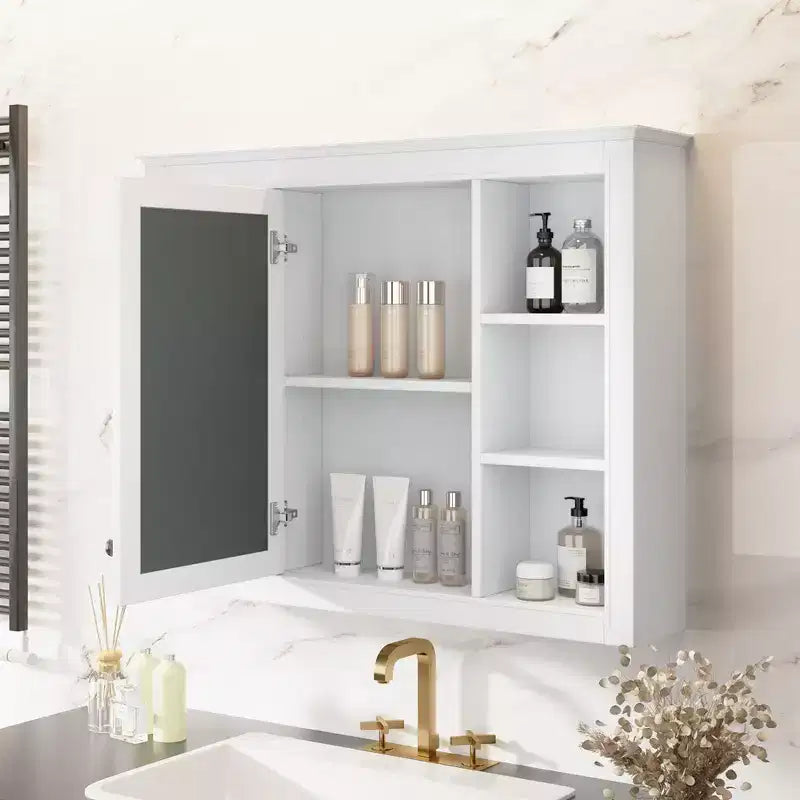 MAYEERTY 27.5 Mobiletto dei medicinali, Armadietto pensile da bagno con specchio e 6 ripiani aperti, Bianco moderno