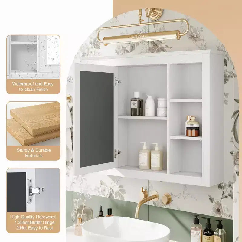 MAYEERTY 27.5 Mobiletto dei medicinali, Armadietto pensile da bagno con specchio e 6 ripiani aperti, Bianco moderno