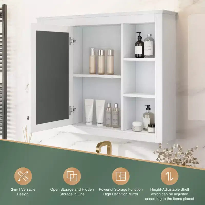MAYEERTY 27.5 Mobiletto dei medicinali, Armadietto pensile da bagno con specchio e 6 ripiani aperti, Bianco moderno