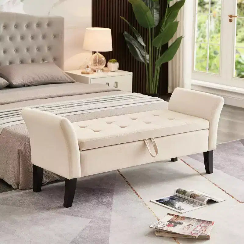 TUYOHW Panca Contenitore Rettangolare, Panca Ottomana da Fondo Letto da 51,5" con Gambe in Legno Massello, Ottomana in Velluto per Soggiorno, Camera da Letto, Ingresso, Beige