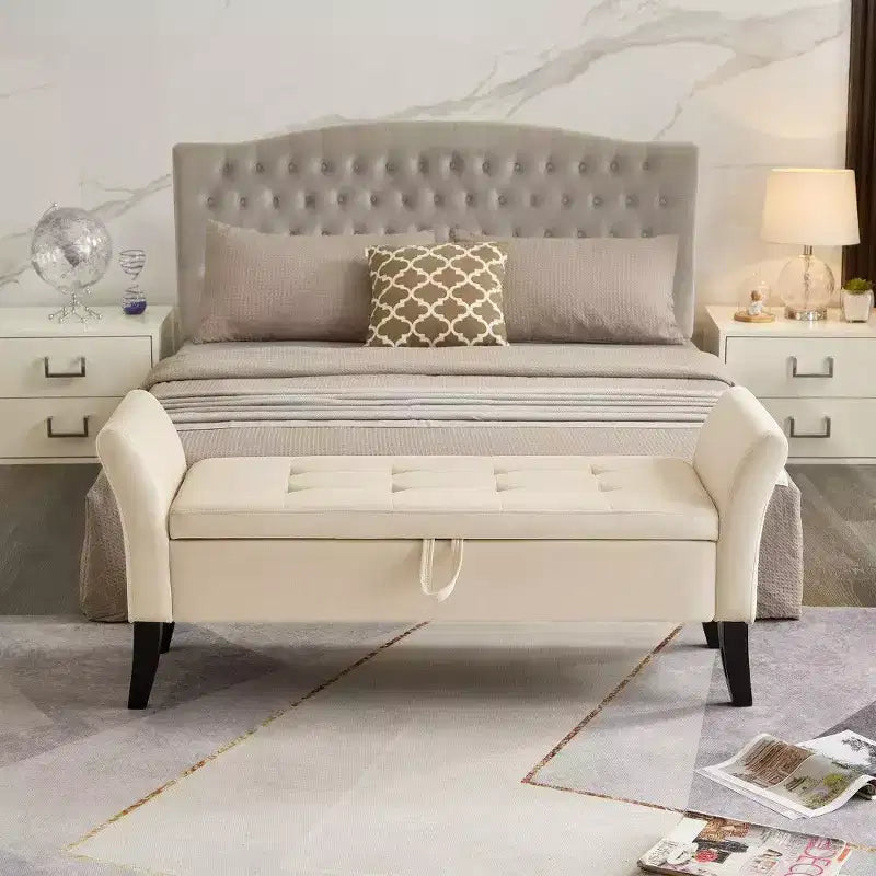 TUYOHW Panca Contenitore Rettangolare, Panca Ottomana da Fondo Letto da 51,5" con Gambe in Legno Massello, Ottomana in Velluto per Soggiorno, Camera da Letto, Ingresso, Beige