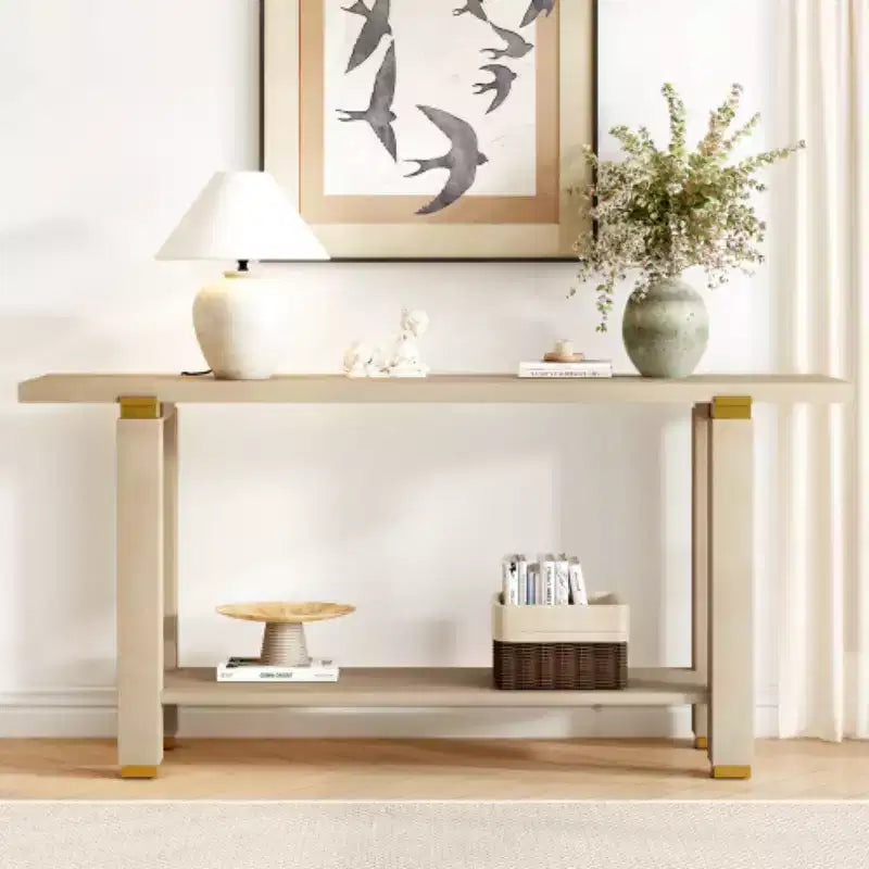 62,9 Tavolino Console Moderno Minimalista, Tavolo da Ingresso in Legno con Ripiano e Dettagli in Metallo per Corridoio, Salotto o Dietro il Divano - Panipeachy