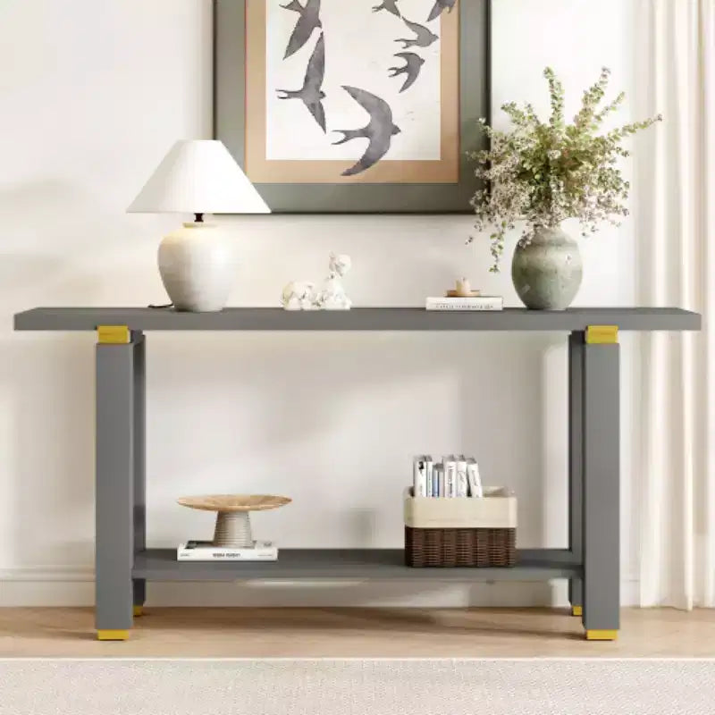 62,9 Tavolino Console Moderno Minimalista, Tavolo da Ingresso in Legno con Ripiano e Dettagli in Metallo per Corridoio, Salotto o Dietro il Divano - Panipeachy