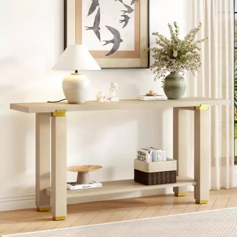 62,9 Tavolino Console Moderno Minimalista, Tavolo da Ingresso in Legno con Ripiano e Dettagli in Metallo per Corridoio, Salotto o Dietro il Divano - Panipeachy