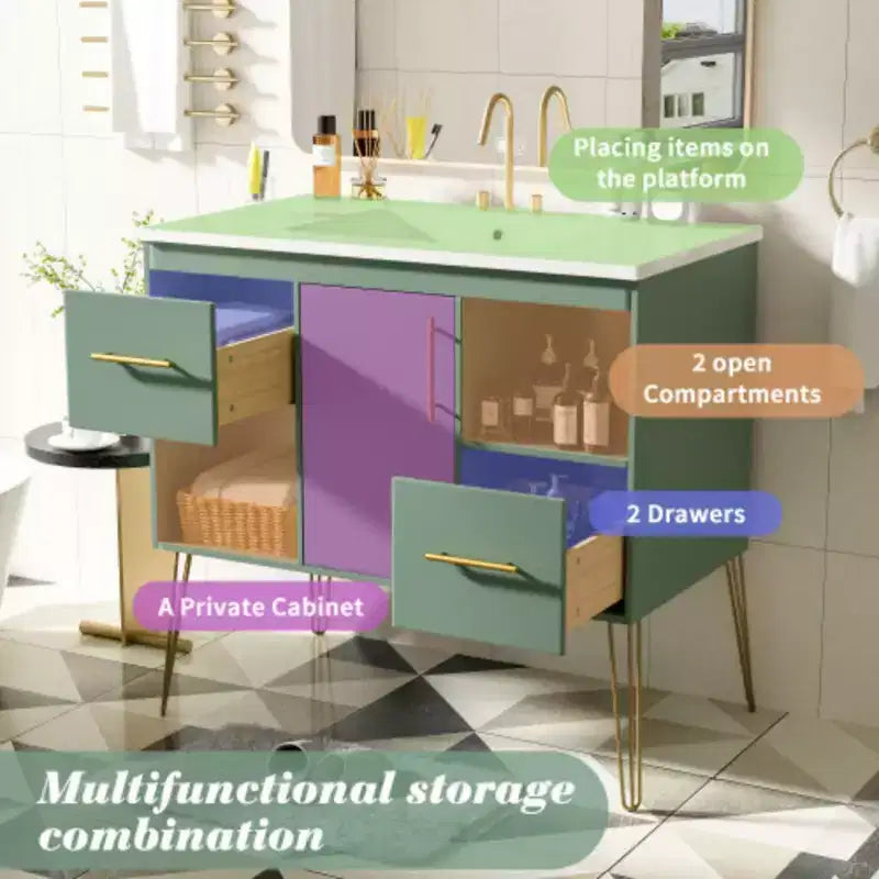 Mobile bagno da 90 cm con lavabo, top in resina, 2 cassetti e 2 ripiani a giorno, mobiletto contenitore per bagno di casa