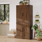 71 Tall Kitchen Pantry Cabinet, Farmhouse Large Wood Storage Cabinet with 4 Barn Doors Adjustable Shelves for Dining Room Living Room