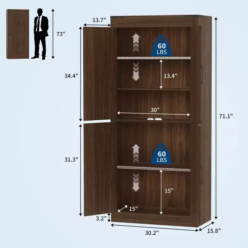 Mobile dispensa alto 71, mobiletto grande in legno stile rustico con 4 ante a granaio e ripiani regolabili per sala da pranzo e soggiorno