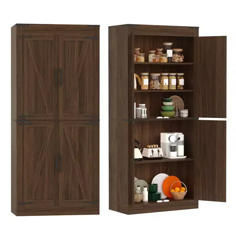Mobile dispensa alto 71, mobiletto grande in legno stile rustico con 4 ante a granaio e ripiani regolabili per sala da pranzo e soggiorno