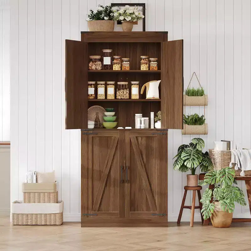 Mobile dispensa alto 71, mobiletto grande in legno stile rustico con 4 ante a granaio e ripiani regolabili per sala da pranzo e soggiorno