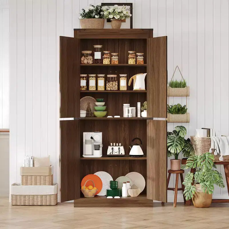 Mobile dispensa alto 71, mobiletto grande in legno stile rustico con 4 ante a granaio e ripiani regolabili per sala da pranzo e soggiorno