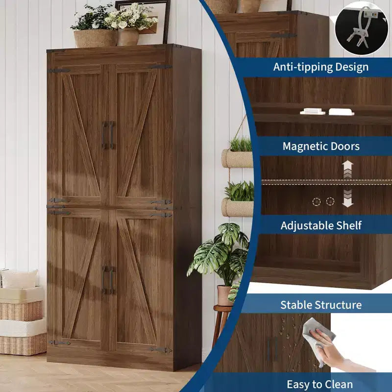Mobile dispensa alto 71, mobiletto grande in legno stile rustico con 4 ante a granaio e ripiani regolabili per sala da pranzo e soggiorno
