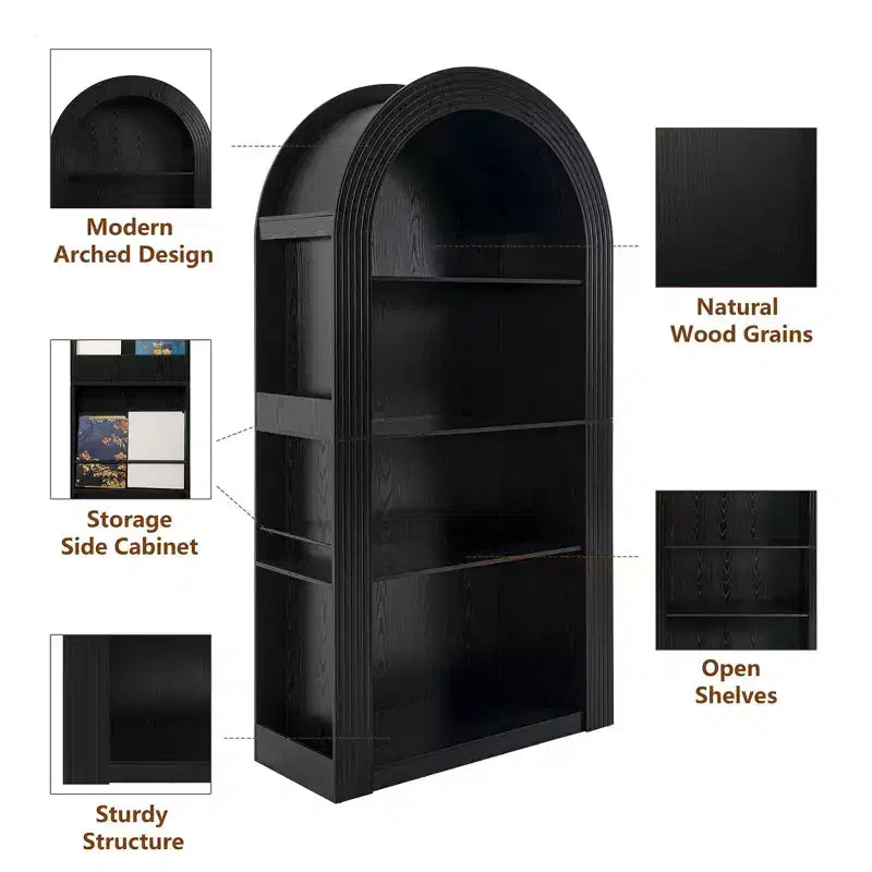 Okak Libreria alta ad arco a 4 ripiani stile Mid-Century, mobiletto in legno per ufficio, soggiorno, scaffale aperto