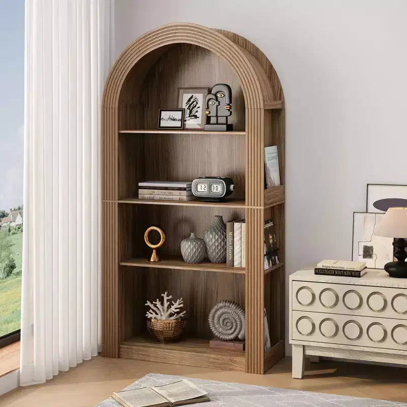 Okak Libreria alta ad arco a 4 ripiani stile Mid-Century, mobiletto in legno per ufficio, soggiorno, scaffale aperto