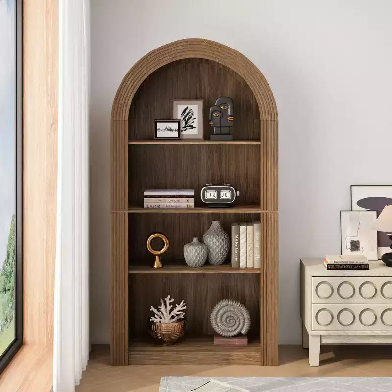 Okak Libreria alta ad arco a 4 ripiani stile Mid-Century, mobiletto in legno per ufficio, soggiorno, scaffale aperto