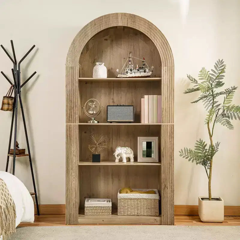 Okak Libreria alta ad arco a 4 ripiani stile Mid-Century, mobiletto in legno per ufficio, soggiorno, scaffale aperto