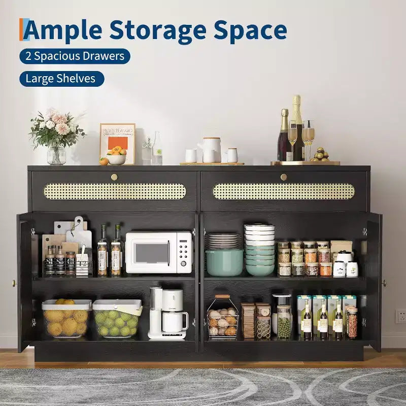 Mobile Credenza in Rattan da 60'' con 2 Cassetti e 4 Ante in Rattan, Madia con Ripiani Regolabili per Sala da Pranzo, Salotto e Ingresso