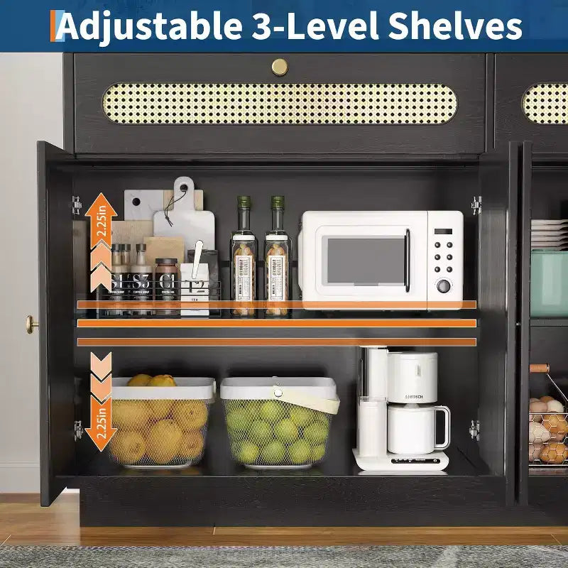 Mobile Credenza in Rattan da 60'' con 2 Cassetti e 4 Ante in Rattan, Madia con Ripiani Regolabili per Sala da Pranzo, Salotto e Ingresso