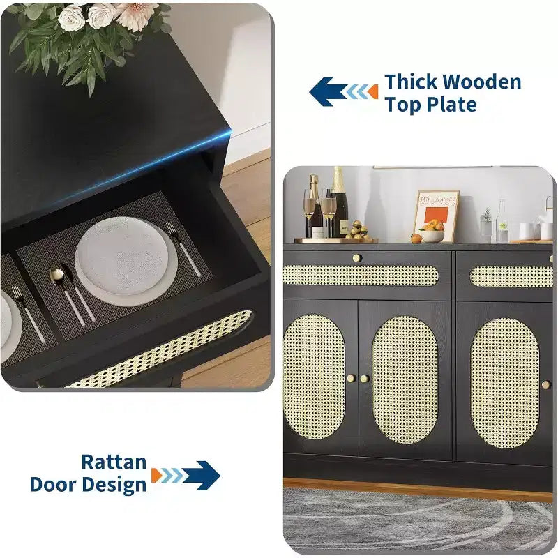 Mobile Credenza in Rattan da 60'' con 2 Cassetti e 4 Ante in Rattan, Madia con Ripiani Regolabili per Sala da Pranzo, Salotto e Ingresso