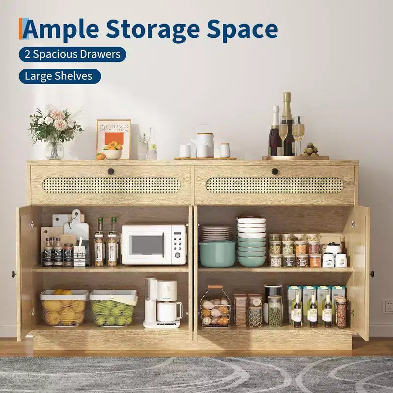 Mobile Credenza in Rattan da 60'' con 2 Cassetti e 4 Ante in Rattan, Madia con Ripiani Regolabili per Sala da Pranzo, Salotto e Ingresso