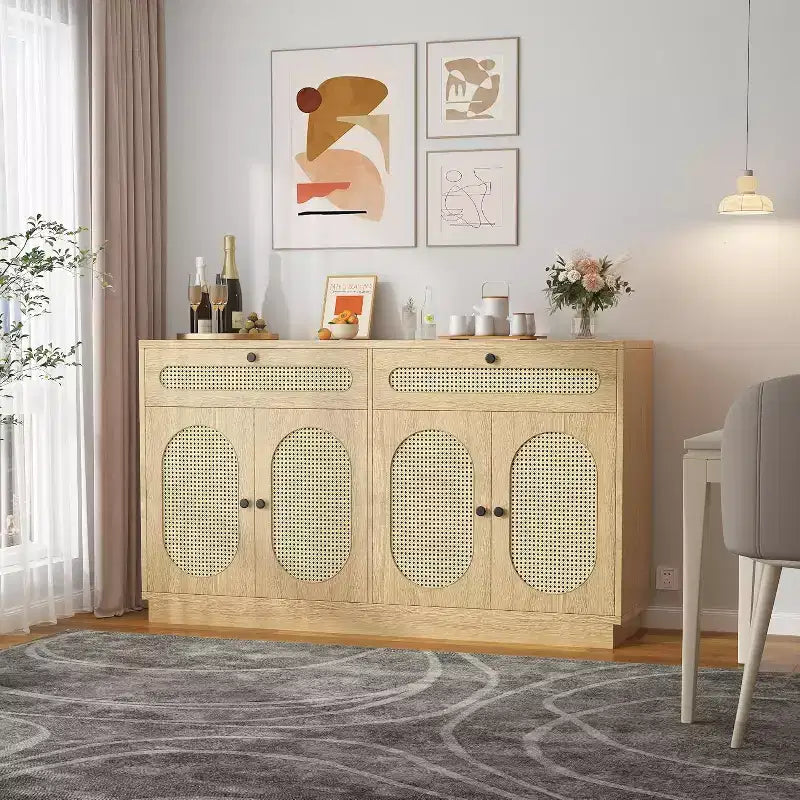 Mobile Credenza in Rattan da 60'' con 2 Cassetti e 4 Ante in Rattan, Madia con Ripiani Regolabili per Sala da Pranzo, Salotto e Ingresso
