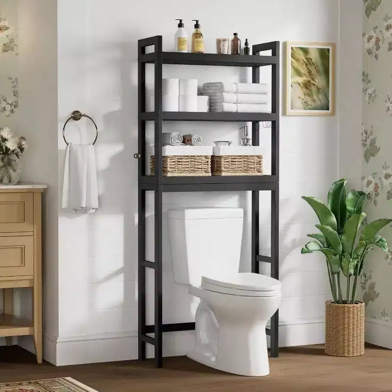 Mobiletto portaoggetti da bagno sopra il WC a 3 ripiani con mensola regolabile e 4 ganci salvaspazio, nero