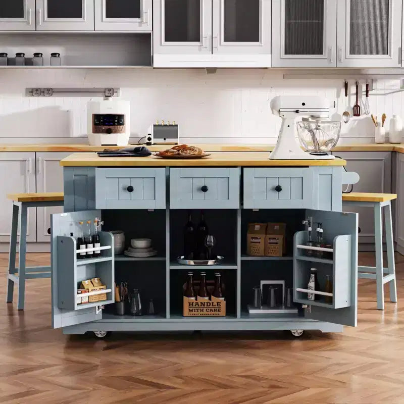 Set di 3 per isola da cucina, carrello mobile con 2 sgabelli da bar, tavolo con 3 cassetti, ante a ribalta a 2 ante, presa di corrente per sala da pranzo
