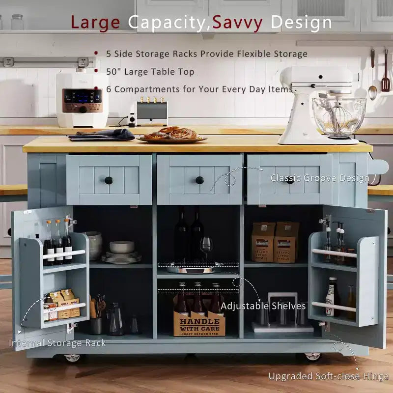 Set di 3 per isola da cucina, carrello mobile con 2 sgabelli da bar, tavolo con 3 cassetti, ante a ribalta a 2 ante, presa di corrente per sala da pranzo