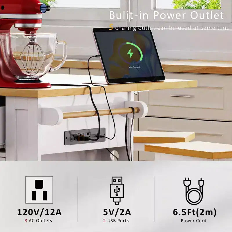 Set di 3 per isola da cucina, carrello mobile con 2 sgabelli da bar, tavolo con 3 cassetti, ante a ribalta a 2 ante, presa di corrente per sala da pranzo