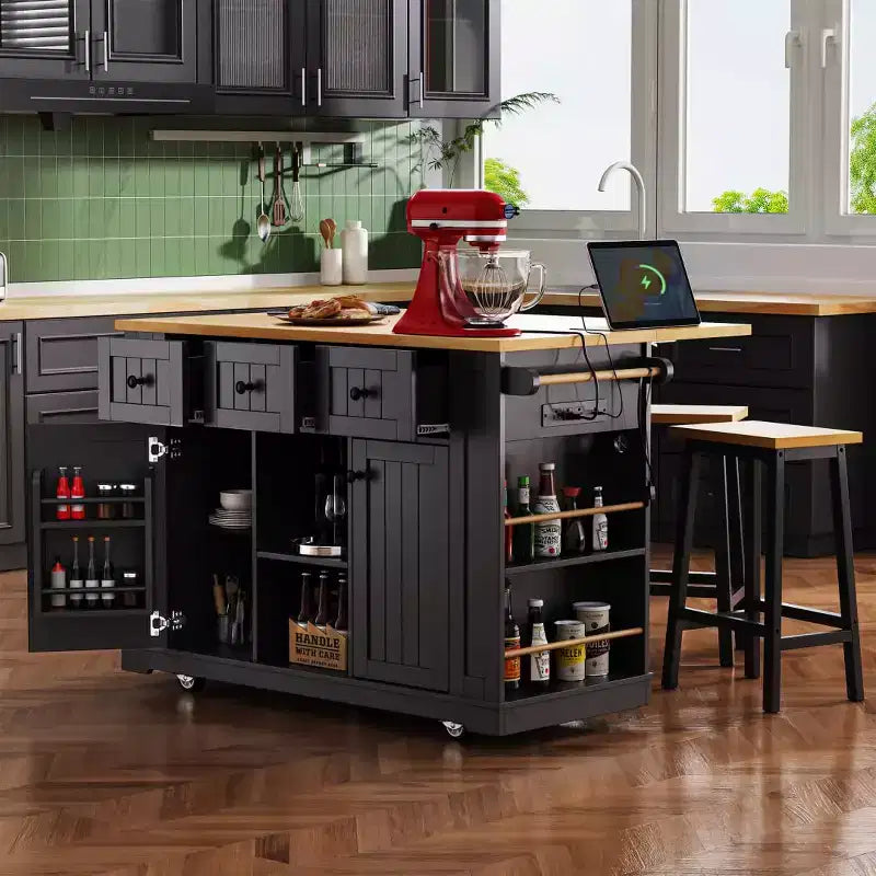Set di 3 per isola da cucina, carrello mobile con 2 sgabelli da bar, tavolo con 3 cassetti, ante a ribalta a 2 ante, presa di corrente per sala da pranzo