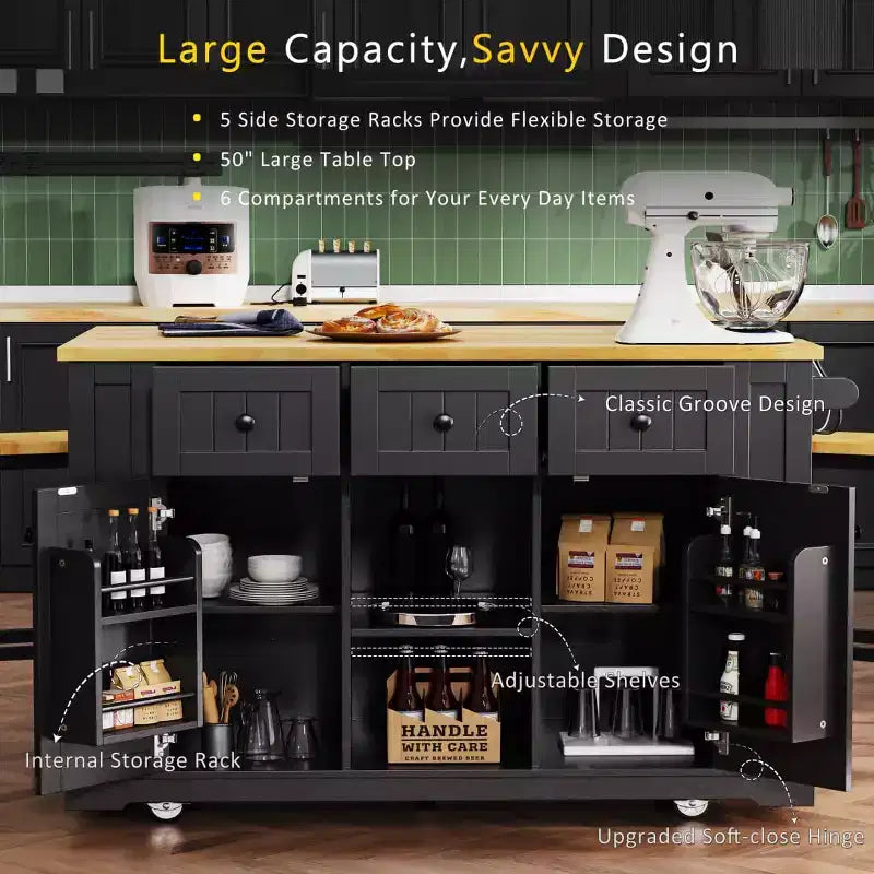 Set di 3 per isola da cucina, carrello mobile con 2 sgabelli da bar, tavolo con 3 cassetti, ante a ribalta a 2 ante, presa di corrente per sala da pranzo