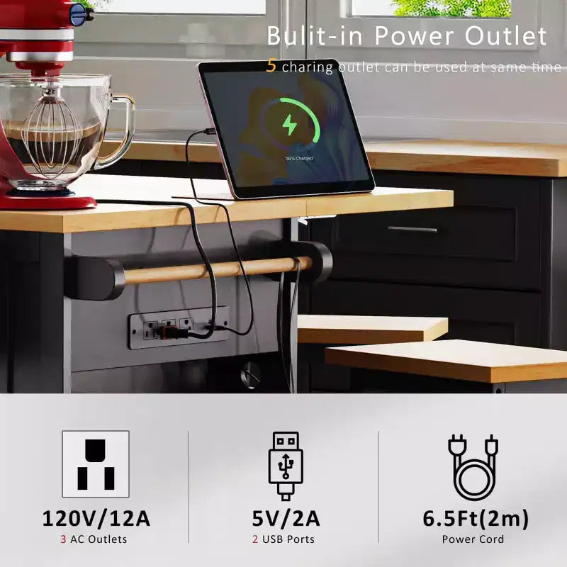 Set di 3 per isola da cucina, carrello mobile con 2 sgabelli da bar, tavolo con 3 cassetti, ante a ribalta a 2 ante, presa di corrente per sala da pranzo