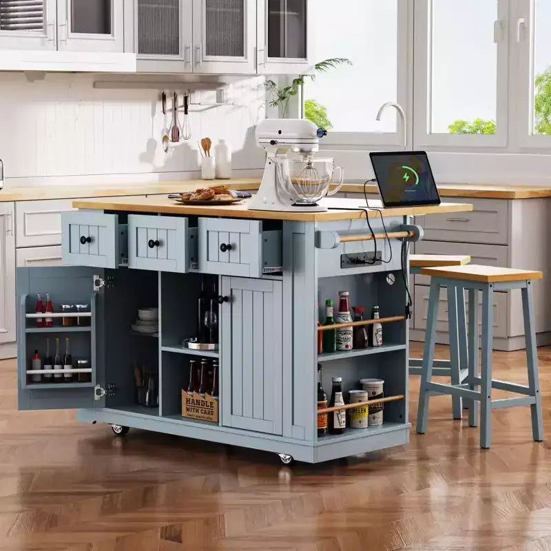 Set di 3 per isola da cucina, carrello mobile con 2 sgabelli da bar, tavolo con 3 cassetti, ante a ribalta a 2 ante, presa di corrente per sala da pranzo