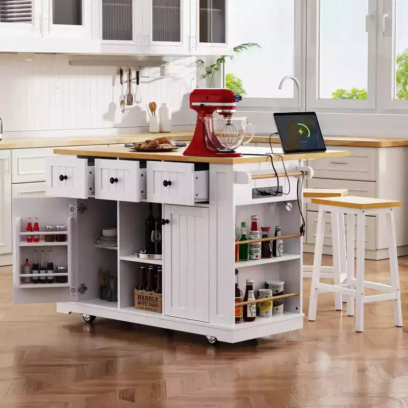 Set di 3 per isola da cucina, carrello mobile con 2 sgabelli da bar, tavolo con 3 cassetti, ante a ribalta a 2 ante, presa di corrente per sala da pranzo