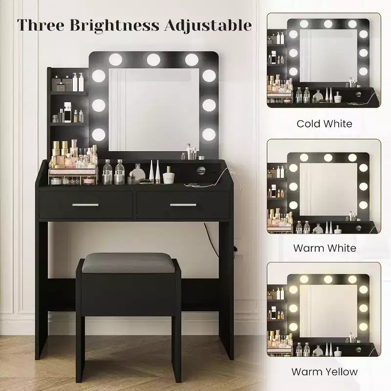 Toeletta con specchio e luci per camera da letto, tavolo da trucco con 2 cassetti, 3 modalità di illuminazione e LED dimmerabili, Toeletta con specchio e luci per camera da letto