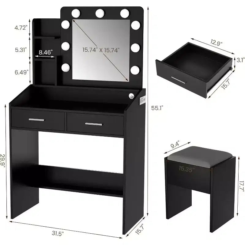 Toeletta con specchio e luci per camera da letto, tavolo da trucco con 2 cassetti, 3 modalità di illuminazione e LED dimmerabili, Toeletta con specchio e luci per camera da letto