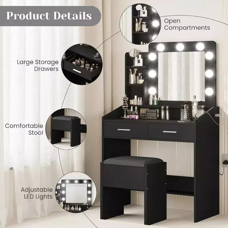 Toeletta con specchio e luci per camera da letto, tavolo da trucco con 2 cassetti, 3 modalità di illuminazione e LED dimmerabili, Toeletta con specchio e luci per camera da letto