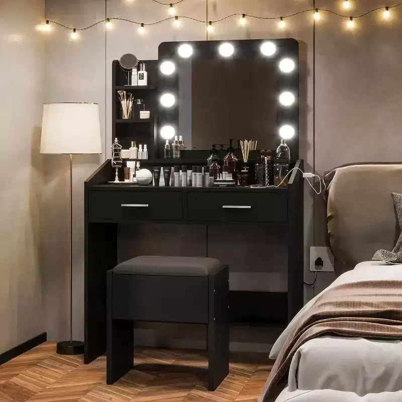Toeletta con specchio e luci per camera da letto, tavolo da trucco con 2 cassetti, 3 modalità di illuminazione e LED dimmerabili, Toeletta con specchio e luci per camera da letto