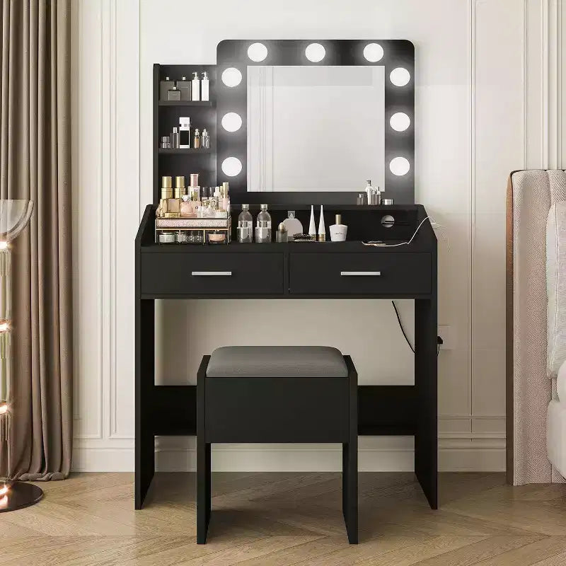 Toeletta con specchio e luci per camera da letto, tavolo da trucco con 2 cassetti, 3 modalità di illuminazione e LED dimmerabili, Toeletta con specchio e luci per camera da letto