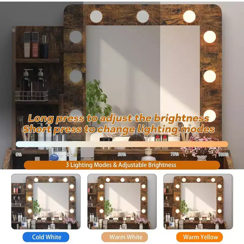 Toeletta con specchio e luci per camera da letto, tavolo da trucco con 2 cassetti, 3 modalità di illuminazione e LED dimmerabili, Toeletta con specchio e luci per camera da letto