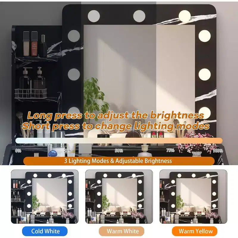 Toeletta con specchio e luci per camera da letto, tavolo da trucco con 2 cassetti, 3 modalità di illuminazione e LED dimmerabili, Toeletta con specchio e luci per camera da letto