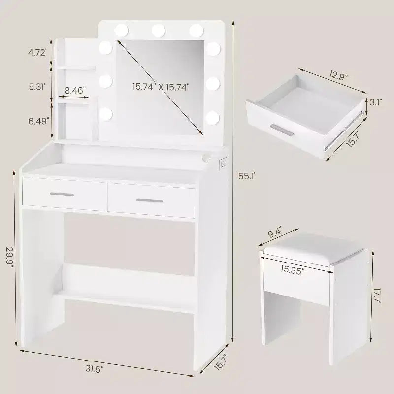 Toeletta con specchio e luci per camera da letto, tavolo da trucco con 2 cassetti, 3 modalità di illuminazione e LED dimmerabili, Toeletta con specchio e luci per camera da letto