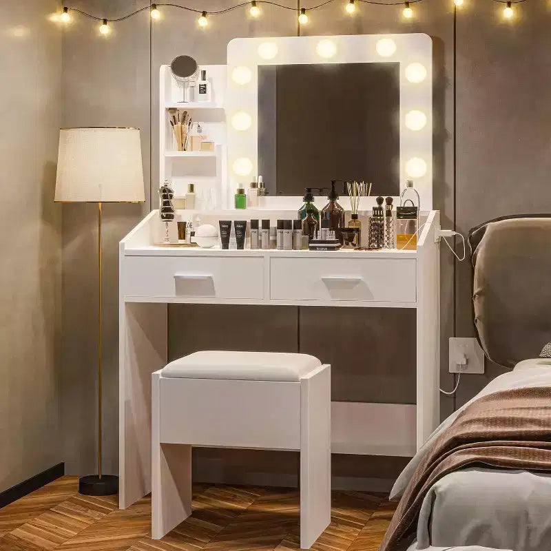 Toeletta con specchio e luci per camera da letto, tavolo da trucco con 2 cassetti, 3 modalità di illuminazione e LED dimmerabili, Toeletta con specchio e luci per camera da letto