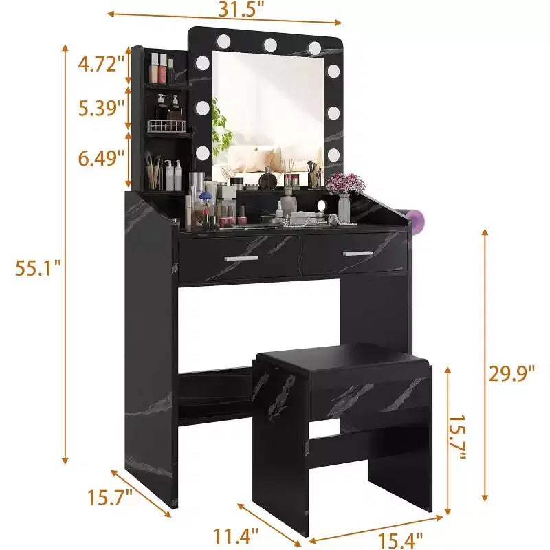 Toeletta con specchio e luci per camera da letto, tavolo da trucco con 2 cassetti, 3 modalità di illuminazione e LED dimmerabili, Toeletta con specchio e luci per camera da letto